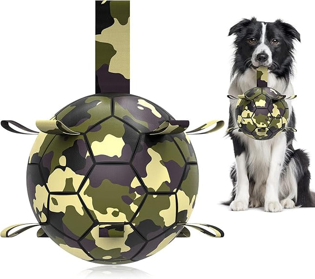 QDAN Dog Toys Soccer Ball, Interactive Toys for Tug of War, Dog Water Toy, Durable Dog Balls for Medium Large Dogs, Camouflage(8 inch)