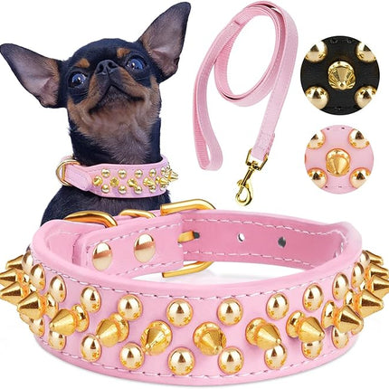 Epesiri Golden Spike Collar for Dogs, Gold Spiked Dog Collar, Durable PU Leather Studded Dog Collar with Leash, Funny Mushrooms Rivet Small Puppy Pet Cat Adjustable Collar, Pink XS
