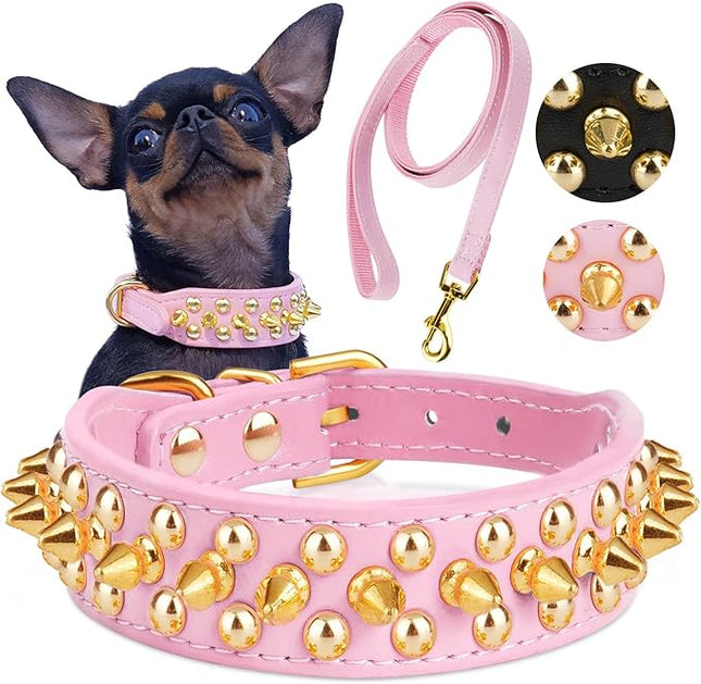 Epesiri Golden Spike Collar for Dogs, Gold Spiked Dog Collar, Durable PU Leather Studded Dog Collar with Leash, Funny Mushrooms Rivet Small Puppy Pet Cat Adjustable Collar, Pink XS