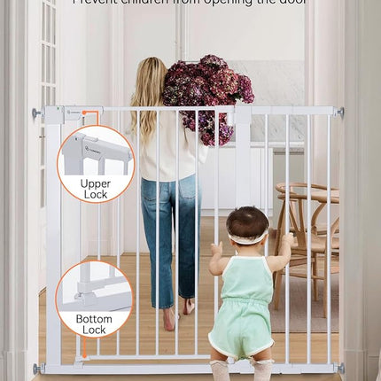 COMOMY 36" Extra Tall Baby Gate for Stairs Doorways, Fits Openings 29.5" to 43.3" Wide, Auto Close Sturdy Safety Dog Gate for House, Pressure Mounted Easy Walk Through Pet Gate with Door, White
