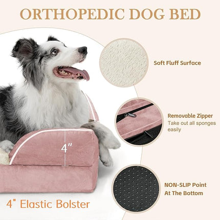 Comfort Expression Orthopedic Dog Bed for Large Dogs 38x25 Inch, Waterproof Supportive Egg Crate Foam Large Pet Bed with Removable Bolsters, Dog Couch with Washable Cover & Non-Slip Bottom, Pink