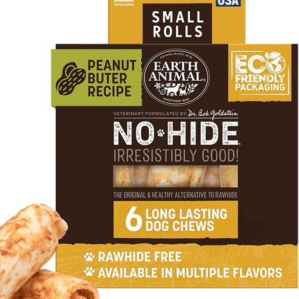 Earth Animal No Hide Chews - Long Lasting Rawhide Free Small Dog Chews Rolls, Peanut Butter - 6 Count