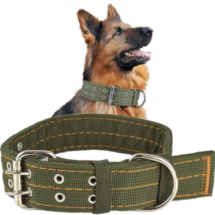 Buckle Dog Collar, 2 Wide Adjustable Nylon Military Tactical Dog Collars, 2-Rows D Ring Heavy Duty Dog Collar