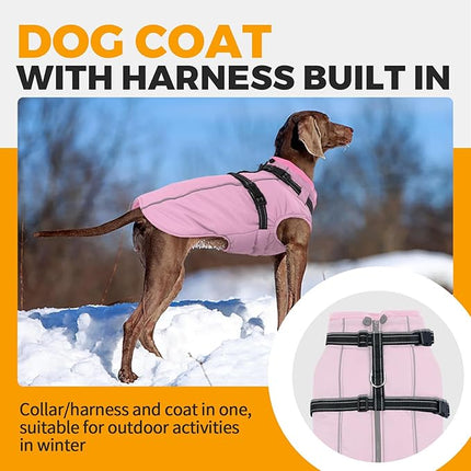 Lelepet Dog Coat for Large Dogs Waterproof Dog Jacket with Harness Built in Windproof Reflective Fleece Jacket with Zip Warm Winter Coats for Dogs Cozy Thermal Pet Snowsuit, Border Collie, Pink, XL