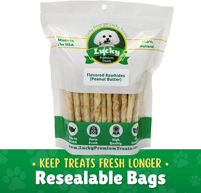 Lucky Premium Treats, Peanut Butter Basted Rawhide, Small Dog Treats, 60 Chews, Gluten Free, 0.15 lbs