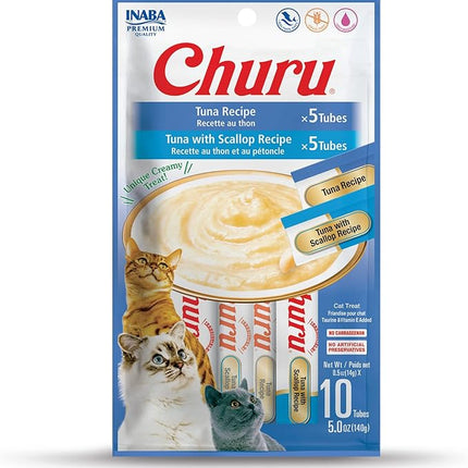 INABA Churu Cat Treats, Grain-Free, Lickable, Squeezable Creamy Purée Cat Treat/Topper with Vitamin E & Taurine, 0.5 Ounces Each Tube, 10 Tubes Total/Two Flavors, Tuna Variety