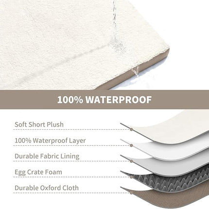 Plush Orthopedic Dog Bed for Medium Dogs & Puppies, Waterproof Dog Beds 30x20 Inch with Removable Washable Cover, Egg Crate Foam Flat Pet Mat, Khaki White