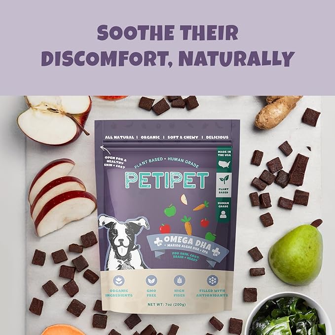 Petipet Omega 3 for Dogs - Skin, Coat, Brain & Heart Health Supplement- For Dry, Itchy, or Flaky Skin - Allergies and Itch Relief Soft & Chewy Chews - DHA and EPA Omega 3 Fatty Acids from Marine Algae