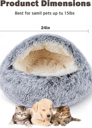 Cat Bed for Indoor Cats, Calming Cozy Cave with Self-Warming Plush, Entire Bed Machine Washable & Anti-Slip Base, Breathable Pet Bed for Small Cats&Dogs All Seasons (Grey, 24 * 24inch)