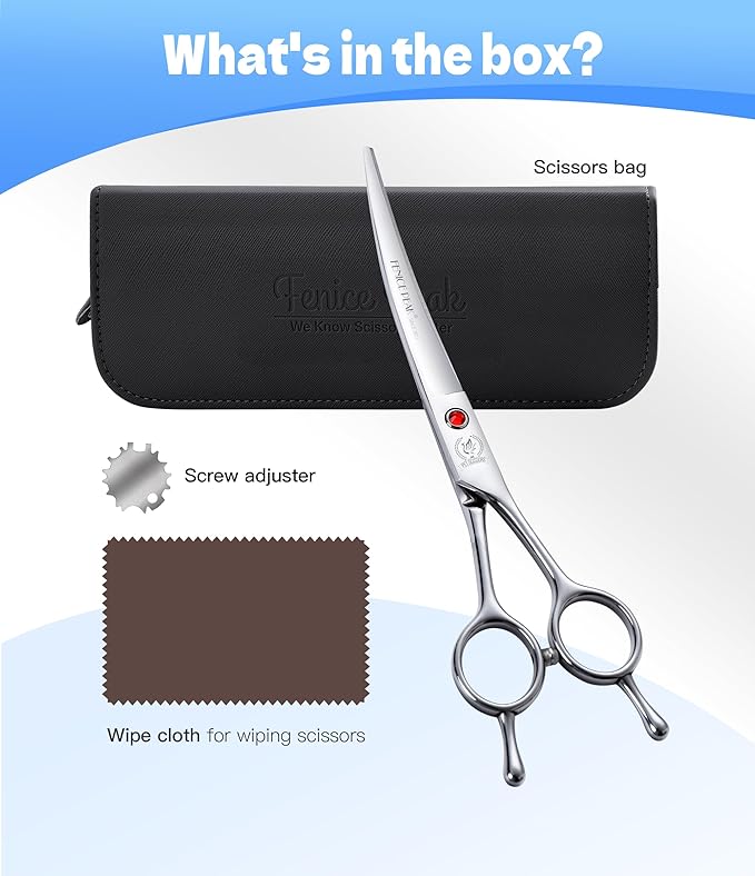 Fenice Peak 7" Curved Dog Grooming Scissors, 25° Curved Blade 6CR Stainless Steel Dog Groming Shear, Professional Pet Trimming Scissors for Face & Paws Grooming