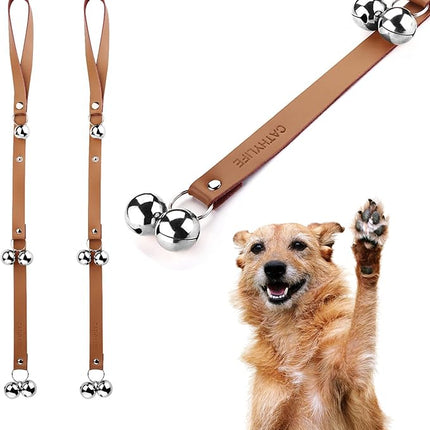 Leather Dog Doorbells for Door Knob/Potty Training/Go Outside, Length Adjustment Copper Dog Bell, Housetraining Hanging Bell, Brown Leather Silver Bells - 2 Pack