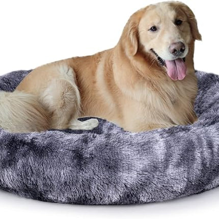 Coohom Oval Calming Donut Cuddler Dog Bed,Shag Faux Fur Cat Bed Washable Round Pillow Pet Bed(30"/36") for Small Medium Dogs (XXL(43"x34"x8"), Grey2021)