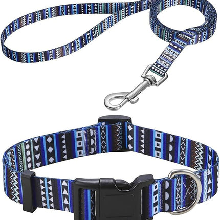 Dog Collar and Leash Set with Bohemia Floral Tribal Geometric Patterns - Soft Ethnic Style Collar Adjustable for Small Medium Large Dogs(Bohemian Blue Set,S)