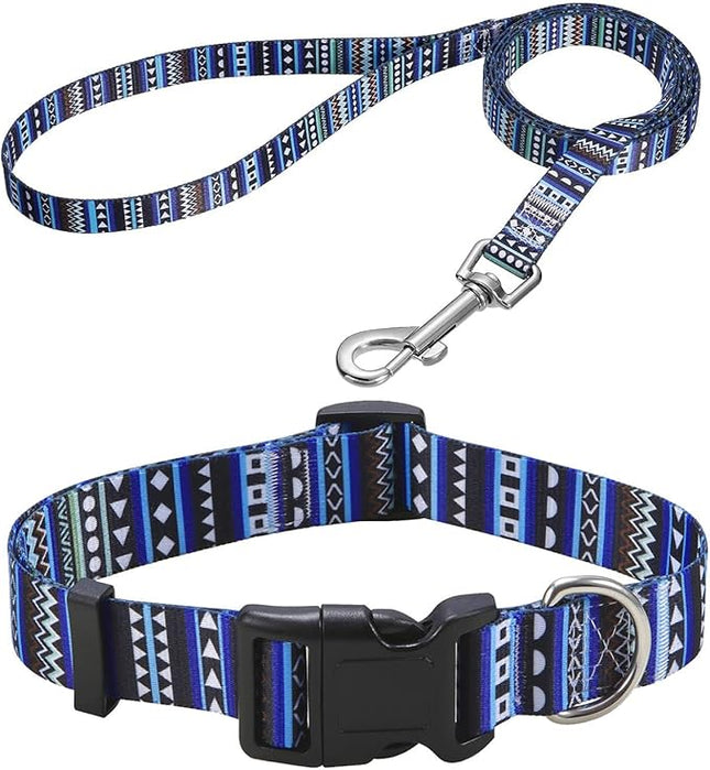 Dog Collar and Leash Set with Bohemia Floral Tribal Geometric Patterns - Soft Ethnic Style Collar Adjustable for Small Medium Large Dogs(Bohemian Blue Set,M)