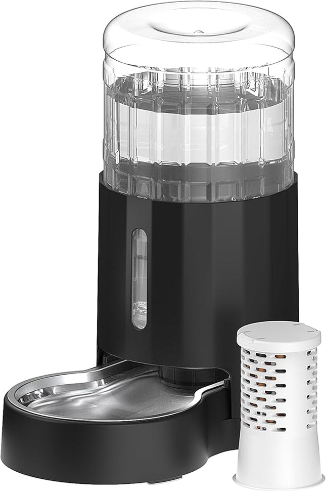CZPET Automatic 4L Filter Dog and Cat Water Dispenser with Stainless Steel Bowl Gravity Waterer,Large Capacity and Drinking Area Noise-Free for Pets (Black)