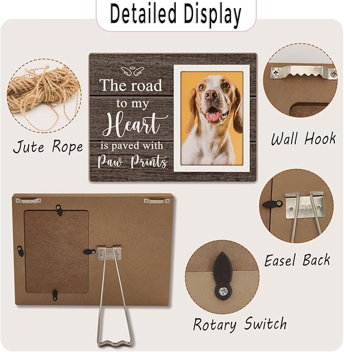 Pet Picture Frame, Pet Wooden Photo Frames Gift, Gifts for Dog Dad Mom, Dog Lovers Gift, Picture Frame for Dogs Cat Pets that Passed, The Road To My Heart Is Paved With Paw Prints, 4x6Inch Photo