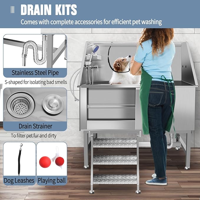 Professional Stainless Steel Dog Grooming Tub W/Soap Box, Faucet,Rich Accessory, Bathtub For Multiple Pets, Washing Sink For Home