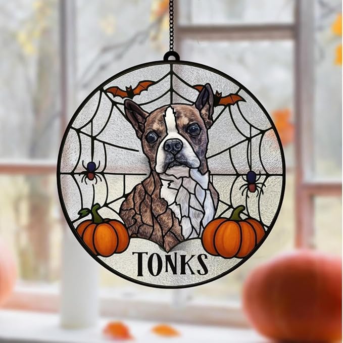 Custom Stained Glass Dog Halloween, Personalized Pumpkin Dog Portrait from Photo, Spooky Dogs Fall Decor, Dogs Witch Halloween, Pet Sympathy Gift, Pet Memorial Decor /21