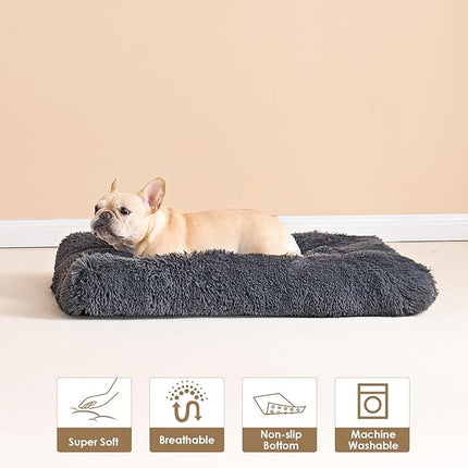 EHEYCIGA Fluffy Dog Crate Bed for Medium Dogs, Plush Faux Fur Crate Pad, Calming Anti Anxiety Medium Dog Bed, Washable Soft Warm Mat with Non-Slip Bottom, Dark Grey