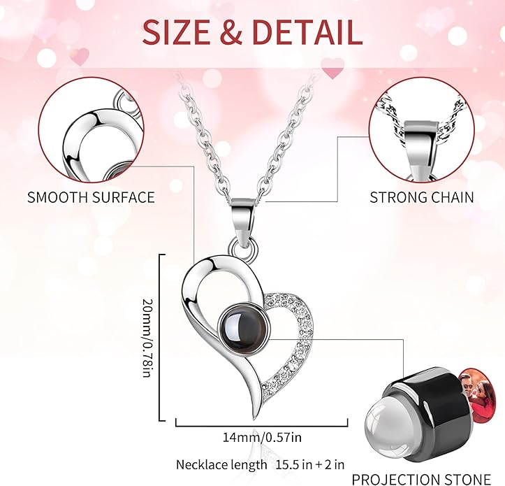 Easycosy Personalized Picture Necklace Projection Necklace with Photo Inside - Custom Photo Heart Pendant Necklace - Photo Gifts Valentines Birthday Love Memorial Gifts for Girlfriend Wife Women