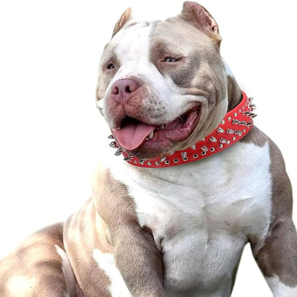 Hoot PU Leather Adjustable Spiked Studded Dog Collar 2" Wide 37 Spikes (M(Neck 19"-22"), Red)