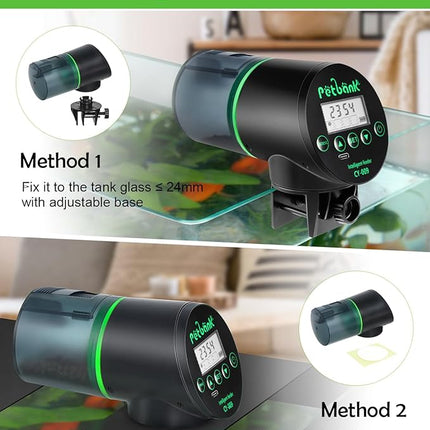 Automatic Fish Feeder for Aquarium - Rechargeable Fish Food Auto Dispenser Vacation Turtle Feeder with USB Charger Cable，LCD Screen, Customized Schedule，Black