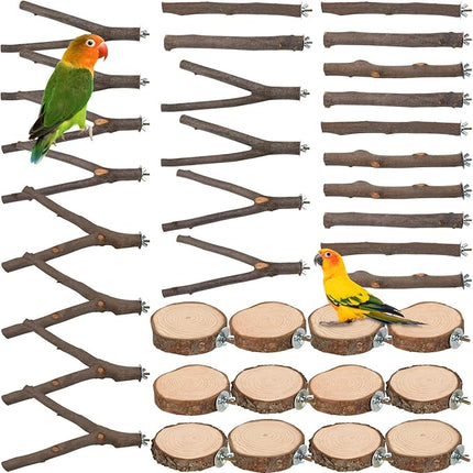 9 PCS Natural Wood Bird Perch, Wooden Parrot Perch Stand Bird Cage Branches Platform Accessories for Parakeets Cockatiels Conures Macaws Finches Love Birds
