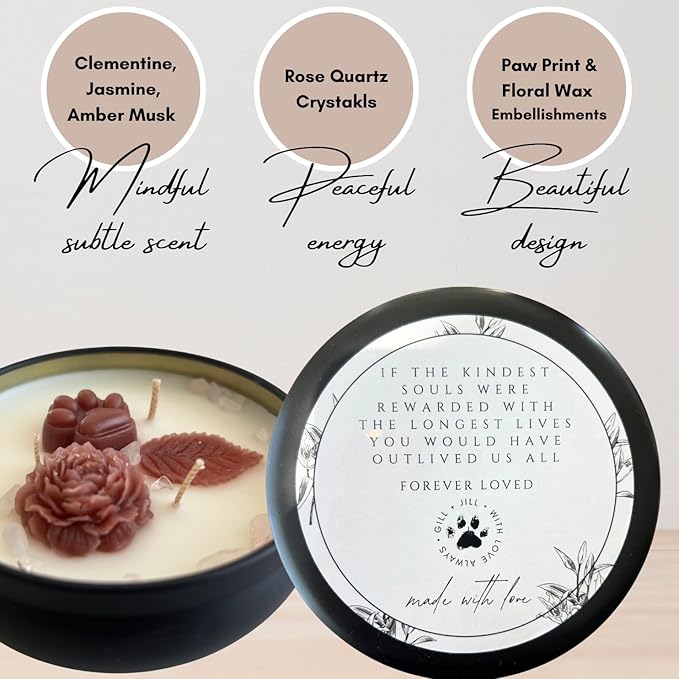 Paw Print Pet Loss Candle – Dog Memorial Gifts for Loss of Dog – Sympathy Gift and Bereavement Candle with Rose Quartz Stones, Clementine, Jasmine & Amber Musk – Rainbow Bridge Pet Remembrance Gift
