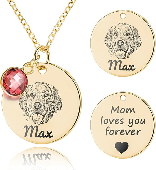 Personalized Pet Portrait Necklace Customized Pet Memorial Necklaces Dog Necklace for Women Custom Pets Necklaces Dog Memorial Jewelry for Cat Mom Dogs Dad (Gold 1 Portrait)