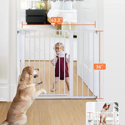 COMOMY 36" Extra Tall Baby Gate for Stairs Doorways, Fits Openings 29.5" to 43.3" Wide, Auto Close Sturdy Safety Dog Gate for House, Pressure Mounted Easy Walk Through Pet Gate with Door, White