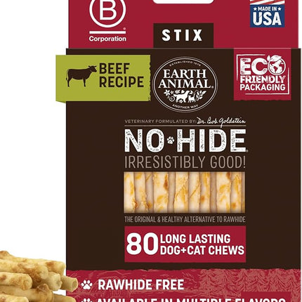 Earth Animal No Hide Stix - Long Lasting Rawhide Free Small Dog Chews Sticks, Beef - 80 Count Extra Value Pack