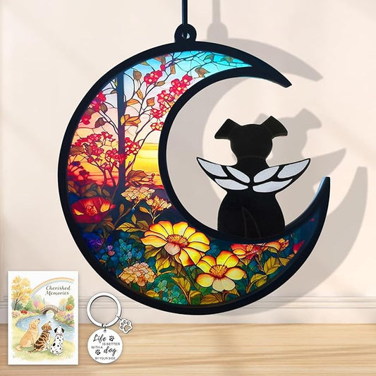 DIY Dog Angel Memorial Suncatcher, Pet Sympathy Keychain with Sympathy Card, Memorial Gifts for Loss of Dog, Pet Passing Away Remembrance Gift (Sunflower)