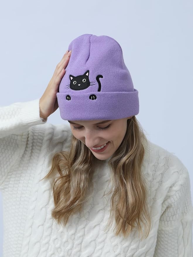 Women’s Cat Beanie Cute Cat Lover Gifts Animal Knitted Hats Christmas Stocking Stuffers for Women Girls