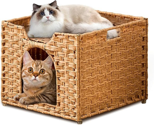 Cat Houses for Indoor Cats, Handwoven Rattan Cat Cave Pet Cube,Foldable Pet Cat House, Cat Beds with Double-Sided Mat, Hideaway, in Living Room Bedroom