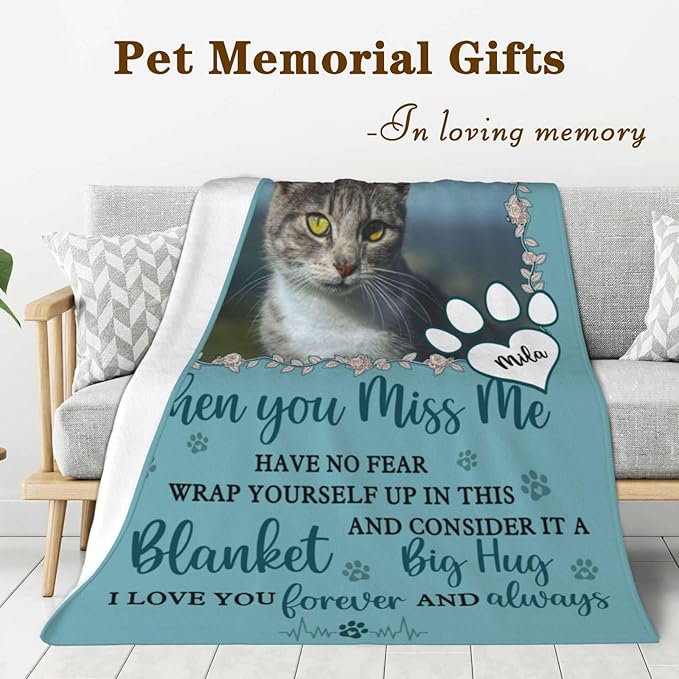 Custom Pet Memorial Blanket with Photo,Personalized Dog/Cat Loss Sympathy Gift,Pet Loss Bereavement Remembrance Gifts,Flannel Throw Blanket with Pictures (Turquoise)