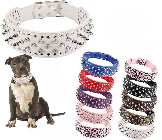 Hoot PU Leather Adjustable Spiked Studded Dog Collar 2" Wide 25 Spikes (XS(Neck 15"-18"), White)