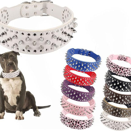 Hoot PU Leather Adjustable Spiked Studded Dog Collar 2" Wide 31 Spikes (S(Neck 17"-20"), White)