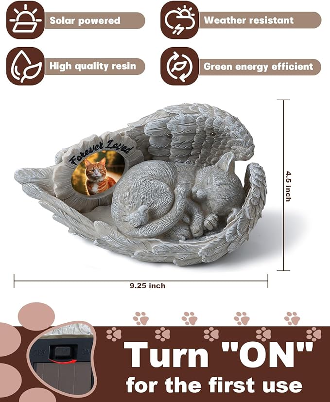 Cat Memorial Gift, Angel Memorial Cat Statue with Photo Frame, Forever My Guardian Angel Garden Solar Light Cats for Pet Memorial Stone
