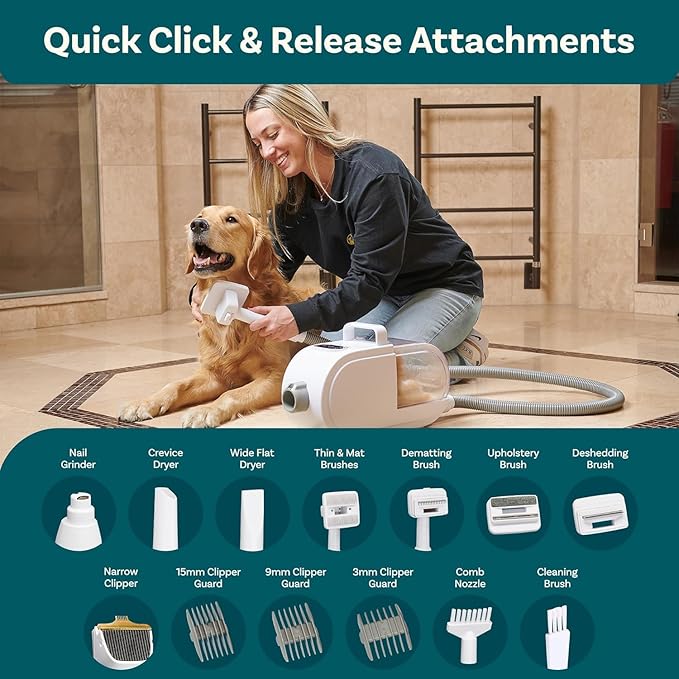 Dog Grooming Kit – Pet Clippers, Nail Grinder & Blow Dryer with Quiet 3-Speed Suction, 3 Heat Settings, 2.6L Dog Hair Vacuum Dust Bin, HEPA System, Self-Cleaning Brushes