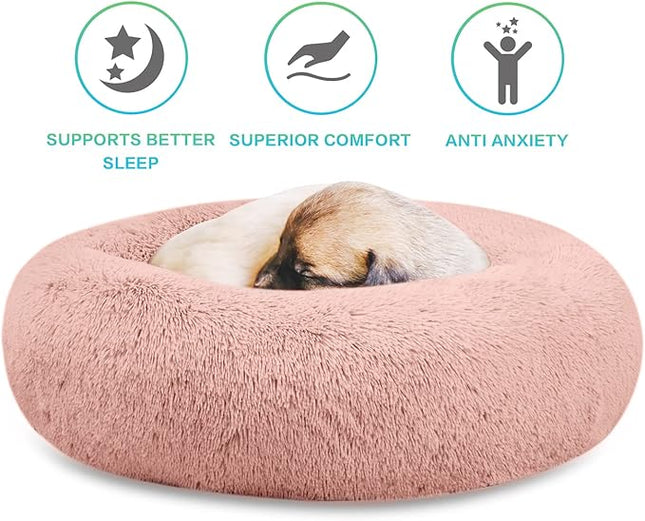 SAVFOX Plush Calming Dog Beds, Donut Dog Bed for Small Dogs, Medium, Large & X-Large, Comfy Cuddler Dog Bed and Cat Bed in Faux Fur, Washable Dog Bed, Multiple Sizes XS-XXL
