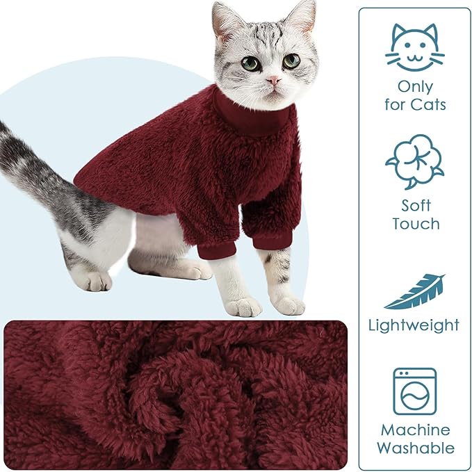 SUNFURA Sphynx Cat Sweater, Hairless Cats Turtleneck Pullover Kitten Sweaters for Cats Only, Warm and Soft Cat Pajamas Shirt with Sleeves Pet Winter Clothes Fleece Jumpsuit for Puppy, Burgundy S