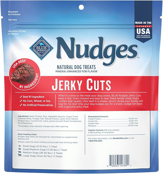 Blue Buffalo Nudges Jerky Cuts Dog Treats, Made in the USA with Natural Ingredients, Steak, 16-oz Bag