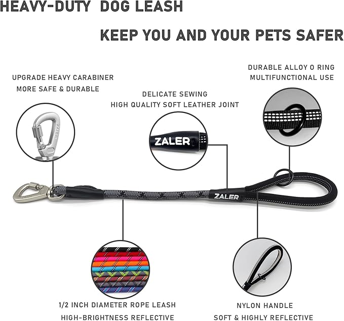 ZALER Short Dog Leash, 18 Inches Rope Traffic Leashes for Dogs, Reflective Dog Lead with O-Ring, Heavy Duty Pet Leash for Large and Medium Dogs (18" Black Gray)