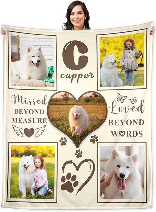 WFR Personalized Pet Memorial Throw Blanket with Photo-Pet Memorial Gifts for Dogs Cats Loss of Dog Sympathy Gift Bereavement Remembrance Passing Away Gifts,Pet Picture Blanket (5-Photos)