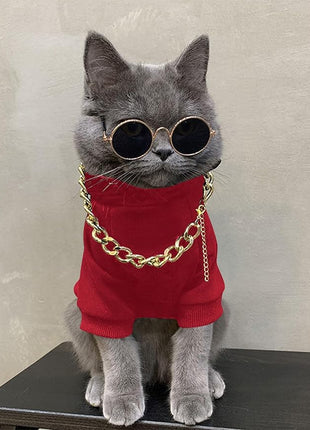 QWINEE 3Pcs Dog Hoodie Cat Apparel Dog Custume Set with Necklace and Sunglasses Pet Clothes for Puppy Small Medium Dogs Cats Red S
