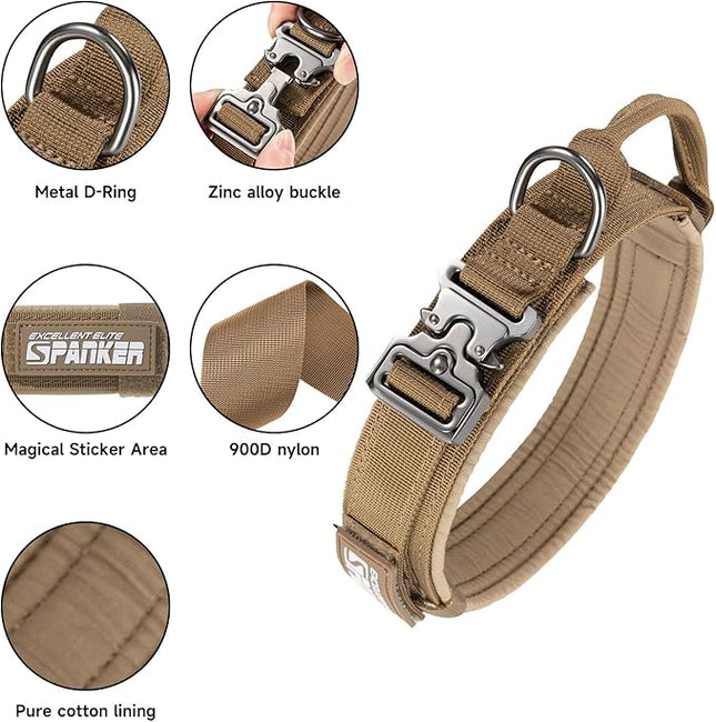 EXCELLENT ELITE SPANKER Tactical Dog Collar Nylon Adjustable Training Collar Military Dog Collar Heavy Duty Metal Buckle with Control Handle for Medium and Large Dogs with Patches(COB-M)