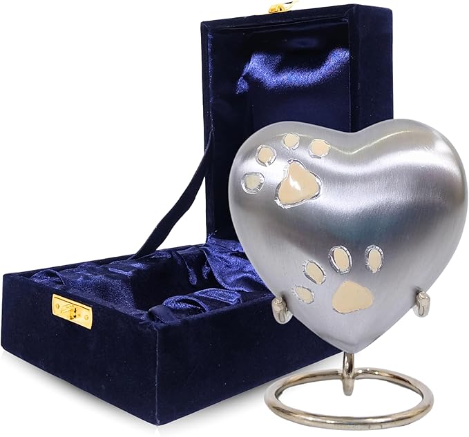 NORSE'S TRADECRAFT Pet Memorial Urn for Ashes| Heart Urn with Paw Engraved Design | Handcrafted Memorial Gifts | Pet Loss Sympathy Gift |Ashes Keepsake with Velvet Box and Stand | Silver - 3 cu in