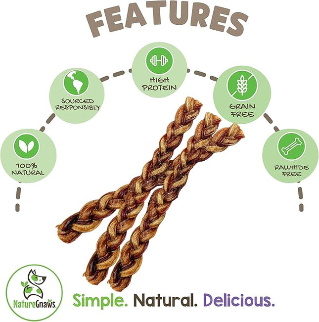 Nature Gnaws Braided Bully Sticks for Dogs 11-12" (5 Count) - Long Lasting for Aggressive Chewers and Large Dogs - Natural Beef Dog Chew Bones