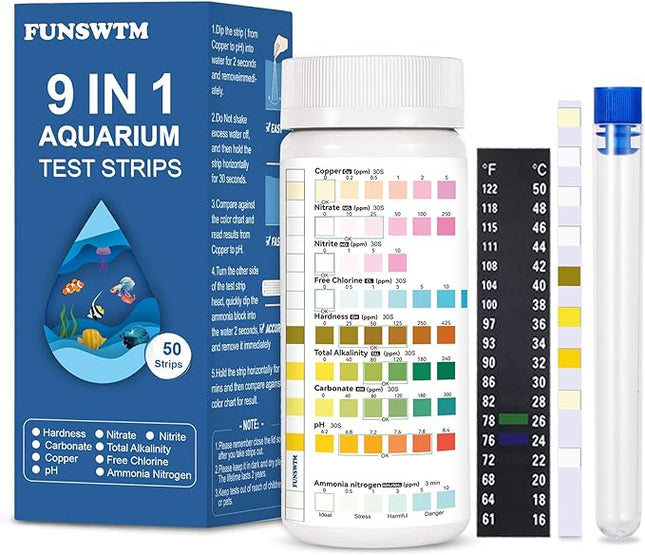 Aquarium Test Strips for Fish Tank: 9 in 1 Aquarium Water Test Kit for Freshwater - 50ct Fish Test Strips Testing Ammonia pH Nitrate Chlorine Nitrite Hardness Alkalinity Copper