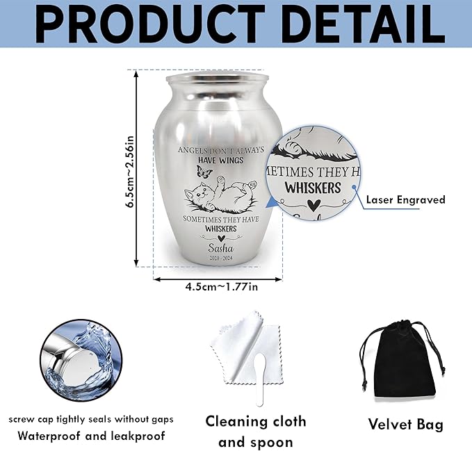 Artsy Woodsy Personalized Pet Memorial Cat Mini Urns - Stainless Steel Decorative Keepsake for Ashes 2.56x1.77 inch - Gifts for Cat Mom Dad Lovers Accessories in Loving Memory Loss (04)